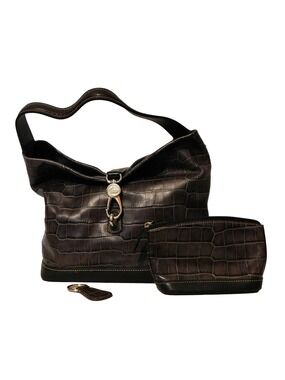 Dooney & Bourke Moc Croc Leather Purse Key Fob Cosmetics Bag Brown Taupe Hobo